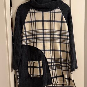 Multiples Navy and Cream Plaid Women's Cowl Neck Sweater